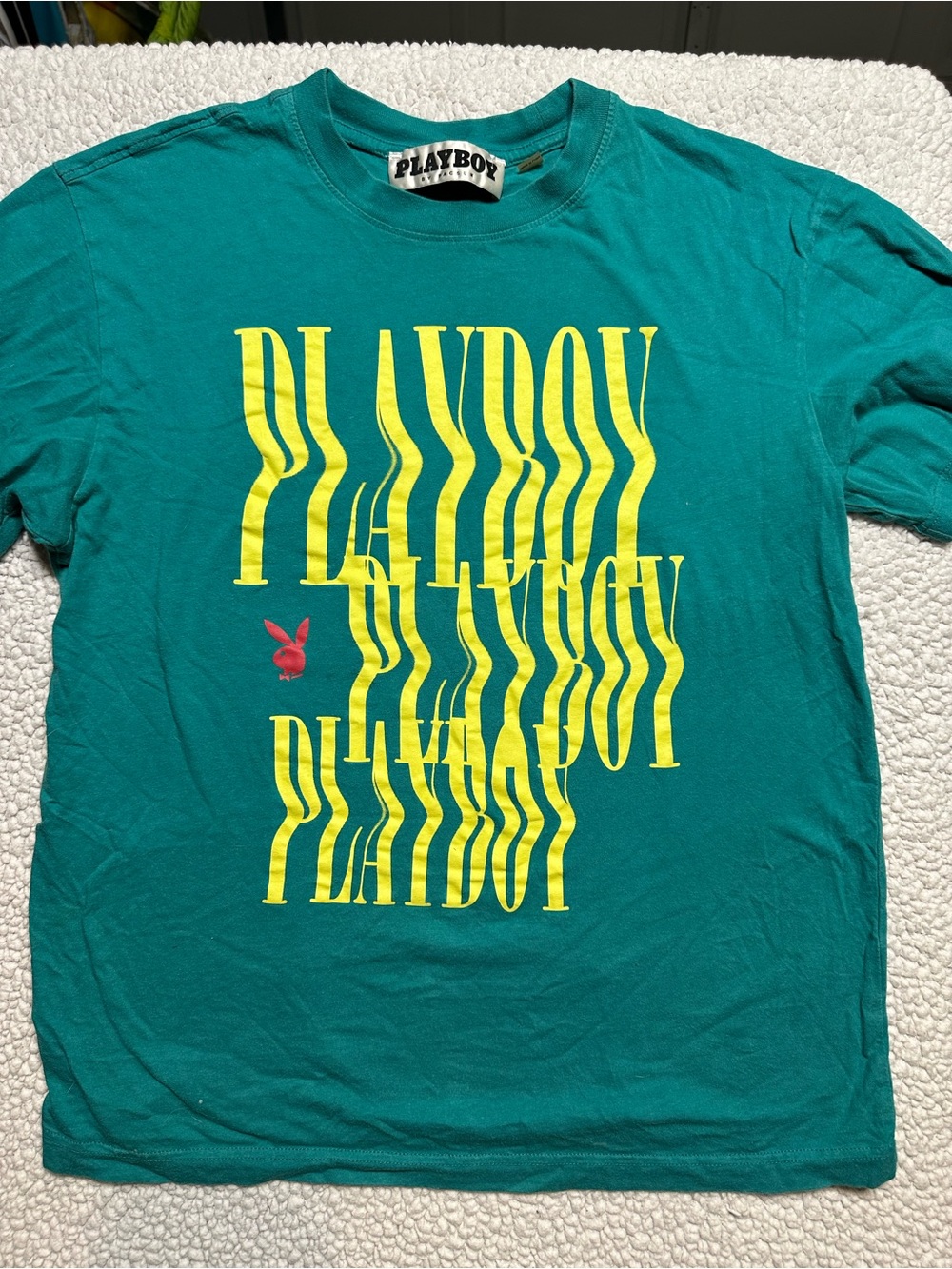 PLAYBOY Teal Short-Sleeve Tee with Yellow Graphic and Red Bunny